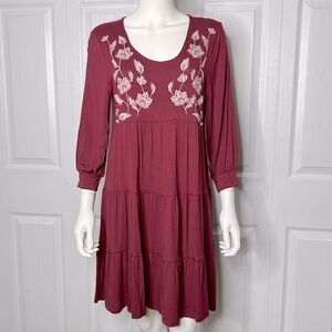 Burgundy Embroidered Long Sleeve Peasant Jersey Dress Holiday Christmas Size S